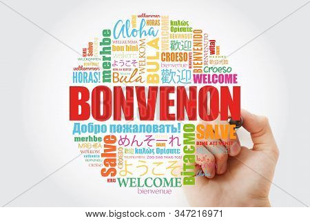 Bonvenon (welcome In Esperanto) Word Cloud With Marker In Different Languages, Conceptual Background