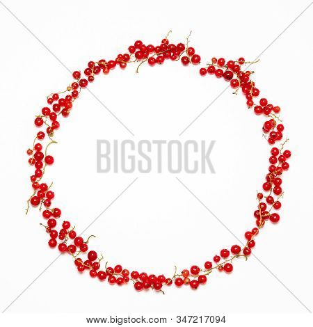 Red Currant Berries Round Frame On A White Background With Copy Space. Summer Concept