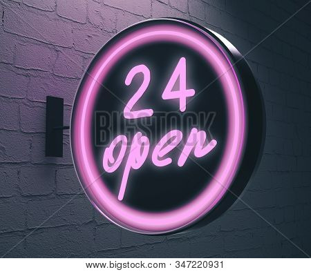 Round Neon Signboard With 24 Open Sign Hanging On Brick Wall. 3d Rendering