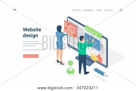 Designers Working On Website Ui. Isometric Vector Illustration