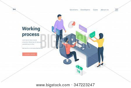 Working Process In Modern Office. Isometric Vector Illustration