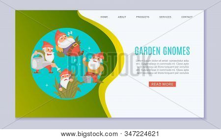 Garden Gnomes Web Template Vector Illustration. Funny Sleeping, Watering Plants And Holding Showel D
