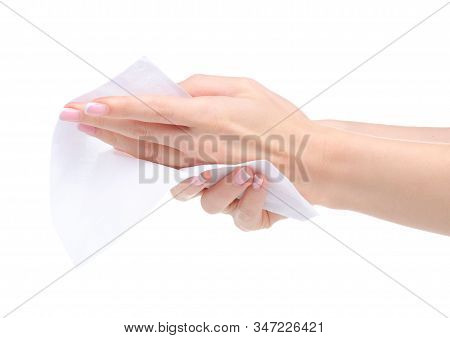 White Napkin In Hand On White Background Isolation