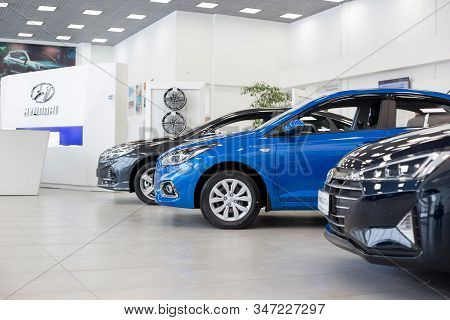 Russia, Izhevsk - January 23, 2020: New Modern Cars In The Hyundai Showroom. Famous World Brand.
