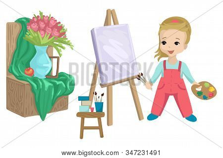Preschooler Girl Paints A Picture On Canvas, Still Life With Flowers. Vector Illustration