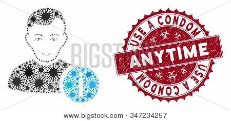 Coronavirus Mosaic User Info Icon And Round Distressed Stamp Seal With Use A Condom Anytime Phrase. 