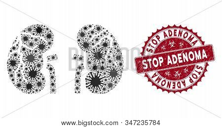 Coronavirus Mosaic Kidneys Cancer Icon And Round Corroded Stamp Seal With Stop Adenoma Phrase. Mosai
