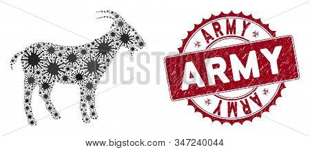 Coronavirus Mosaic Goat Icon And Rounded Corroded Stamp Seal With Army Phrase. Mosaic Vector Is Form