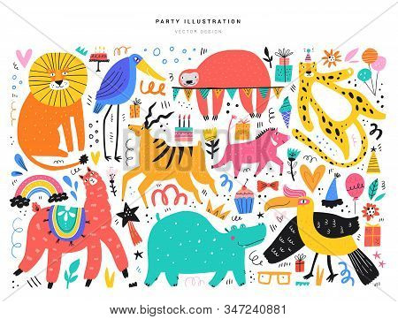 Animals And Party Symbols Vector Illustrations Set