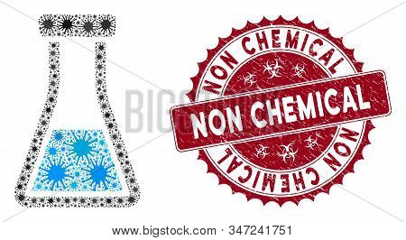 Coronavirus Mosaic Flask Icon And Rounded Rubber Stamp Seal With Non Chemical Caption. Mosaic Vector
