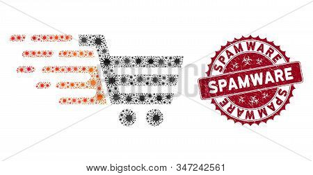 Coronavirus Collage Rush Shopping Cart Icon And Round Grunge Stamp Seal With Spamware Caption. Mosai