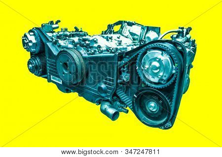 The image of opposed engine. Focus is under the central part of front panel of engine