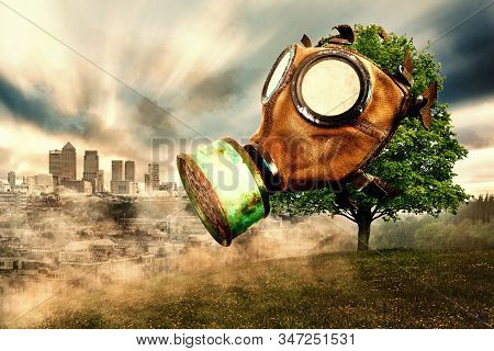 Tree With Gas Mask, Background With City In Smog, Global Warming Due To Air Pollution,
