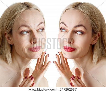 Comparison Portrait Of Adult Woman With And Without Makeup. Isolated On White.