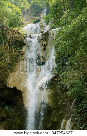 Kuangsi Waterfall In Rainforest In Luang Prabang, Laos.