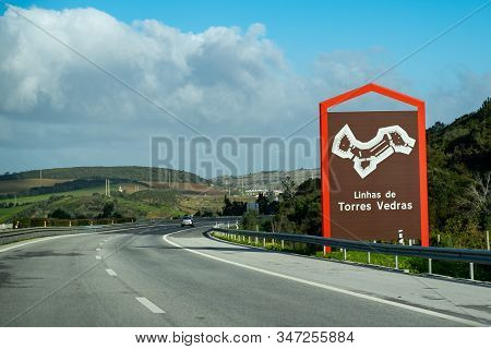 Linhas De Torres Vedras, Portugal - January 19, 2020: Welcome Sign On The Highway To The Town Of Lin