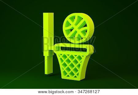 Yellow Basketball Ball And Basket Icon Isolated On Green Background. Ball In Basketball Hoop. Minima