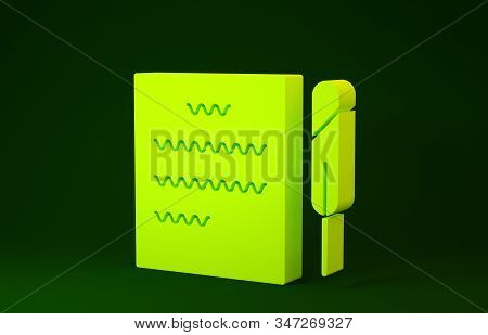 Yellow Feather Pen And Paper Scroll Icon Isolated On Green Background. Minimalism Concept. 3d Illust