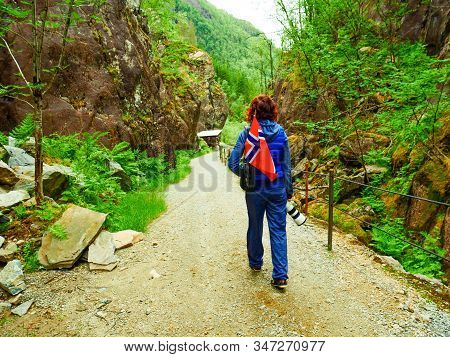 Tourist Woman With Norwegian Flag And Camera Walking Trough Mountains Path In Allmannajuvet Area Sau