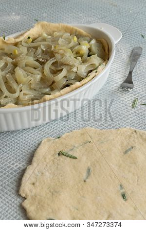 Cooking Italian Schiacciata With Vegetables And Onion, Homemade Bakery Themes, Culinary And Food Con