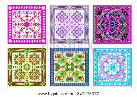 Set Of 6 Different Square Ornaments Done In Kaleidoscopic Style. Beautiful Background For Pillow, Ta