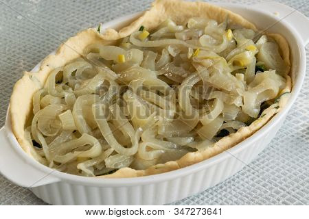 Cooking Italian Schiacciata With Vegetables And Onion, Homemade Bakery Themes, Culinary And Food Con
