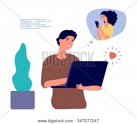 Online Dating Concept. Single Man Looking Internet Romance. Isolated Flat Guy With Computer Send Mes