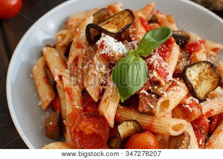 Penne Alla Norma  - Traditional Italian Pasta With Eggplants And Tomatoes