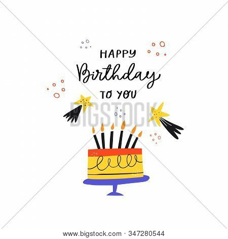 Bday Cake And Handwritten Congratulation Phrase Illustration