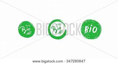 Set Of Bio 100 Percent Tree Leaf Handwritten Green Brush Circle Badge. Design Element For Packaging 