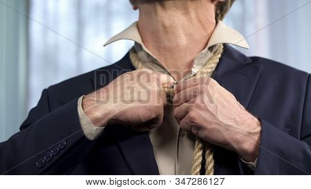Man Trying Remove Death Rope From His Neck, Binding Commitment, Powerless
