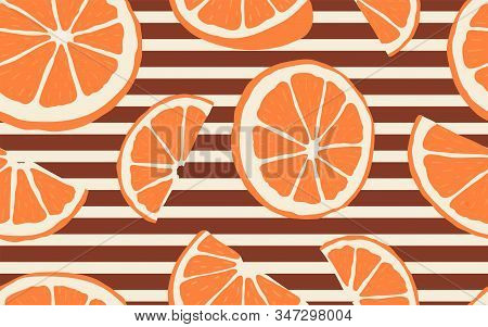 Seamless Pattern With Branches Of Slice Oranges On A Geometric Background Stripes. A Modern Bright R