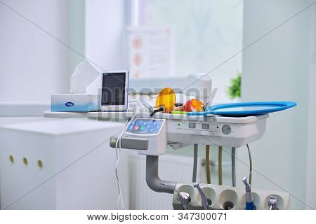 Kyiv Ua, 31-07-2019. Dental Office Interior, Close-up Of Dental Equipment, Tools And Materials.