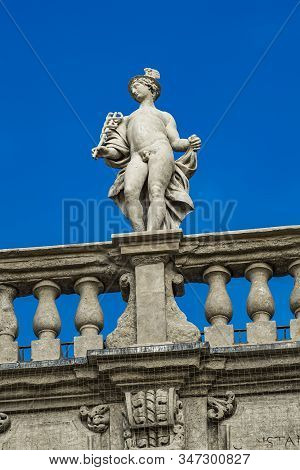 Detail Of Palazzo Maffei With Statue Of Divinity At Piazza Delle Erbe In Verona, Italy