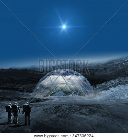 Alien Planet With Astronauts Pointing To A Terraforming Dome With A Pyramid In The Clouds, For Scien