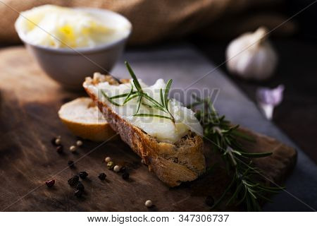 Sandwich With Homemade Lard. Traditional Delicacy Made Of Pig Fat.