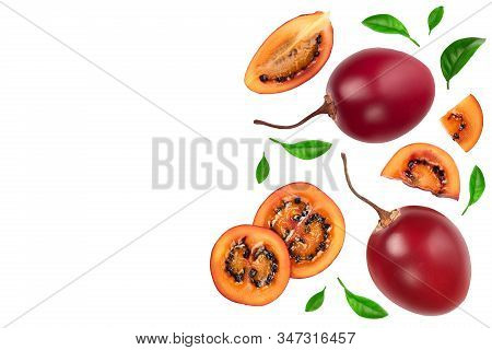 Fresh Tamarillo Fruit With Leaves Isolated On White Background With Copy Space For Your Text. Top Vi