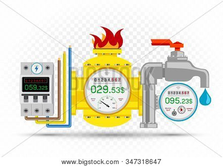 Electric Gas Water Meter Counter Icons And Debt Amount On White Transparent Background. Energy Meter