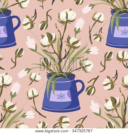 Cotton Flower Vintage Vector Seamless Pattern. Fluffy Gentle Hand Drawn Floral Branch Design. Botany