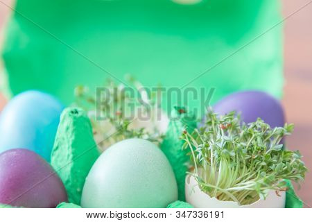Decorative Handmade Easter Egg Present Box With Eggs And Cress. Beautiful Decoration Easternest Bask