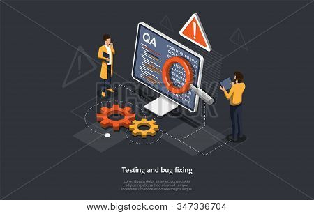 Isometric Concept Of Research And Develop Of Mobile Application. People Are Testing And Bug Fixing I