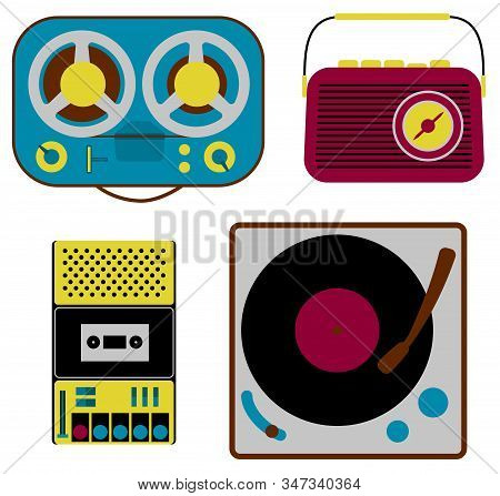 Vintage Electronics. Illustration Of Radio, Type Recorder And Vynil Record Player In Style Of 60s An