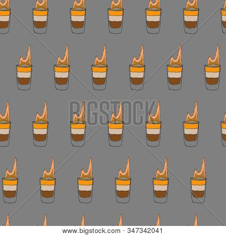 B52 Cocktail Seamless Pattern. Hand Drawing Sketch Outlines On Grey Background Can Be Printed On Tex