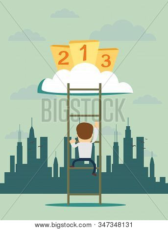 Finish First, Second, Or Third, So As To Appear On A Podium For An Award. Climb To Trophy Over Cloud