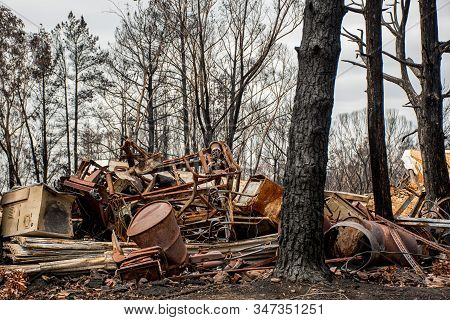 Australian Bushfire Aftermath: Burnt Debris And Rubble At Balmoral Village, Australia