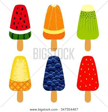 Simple Set With Watermelon, Orange, Qiwi, Grape, Strawberry, Pineapple Ice Cream In Retro Style. Vec