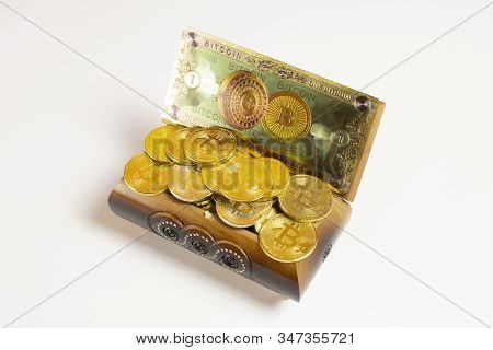 Golden Bitcoin Coins And Banknote In The Treasure Trove, Cryptocurrency In Wooden Chest, Gift, Decor
