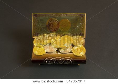 Golden Bitcoin Coins And Banknote In The Treasure Trove, Cryptocurrency In Wooden Chest, Gift, Decor