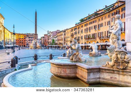 Rome, Italy - May 7, 2019: Sunny Morning On Navona Square, Italian: Piazza Navona, The Most Romantic