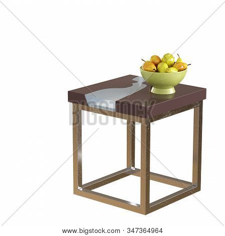 A Small Square Coffee Table On A Metal Base With A Green Vase With Pears On A White Background. Copy